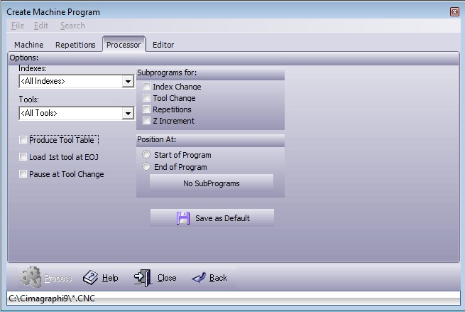 Create machine program, processor tab dialogue