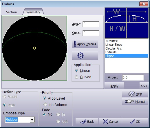 Setting parameters for embossing symmetry dialogue