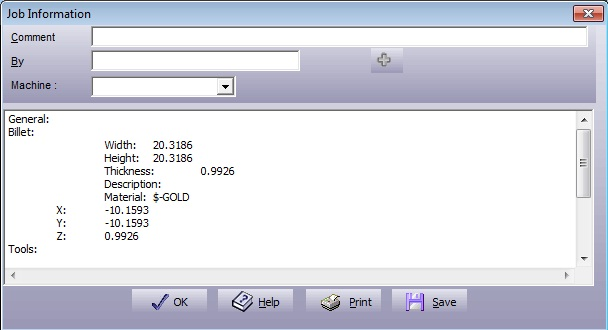 Setup job information dialogue
