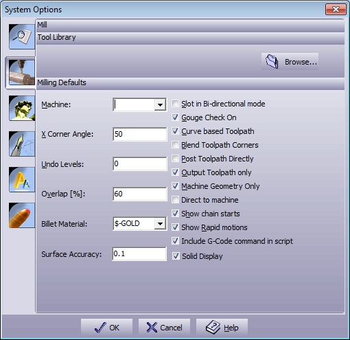 System options Mill form